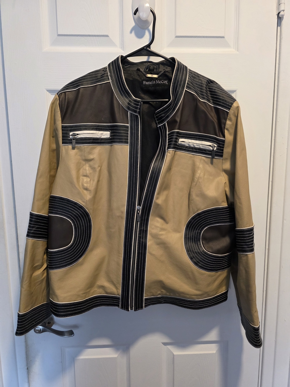 Pamela McCoy Two-Tone Tan and Black Leather Bomber
